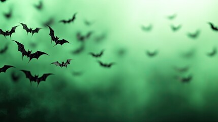 Fototapeta premium A haunting scene of bats in flight against a mystical green backdrop, perfect for Halloween or spooky themes.