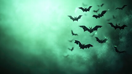 Fototapeta premium A haunting scene of flying bats against a mysterious green fog, perfect for Halloween and eerie themed designs.