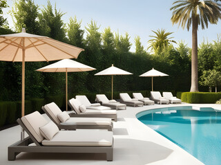 Fototapeta premium beautiful luxury swimming pool in hotel with umbrellas and outdoor chairs with palm trees