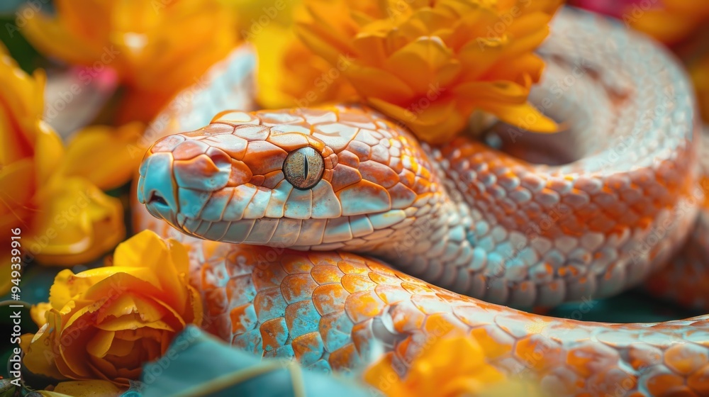 Poster a close-up of a snake with flowers in the background, perfect for representing nature or wildlife