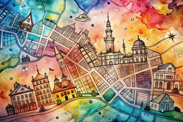 Obraz premium urban exploration map art mixed with ink hand drawn illustrations on a watercolor background representing nostalgia and wanderlust