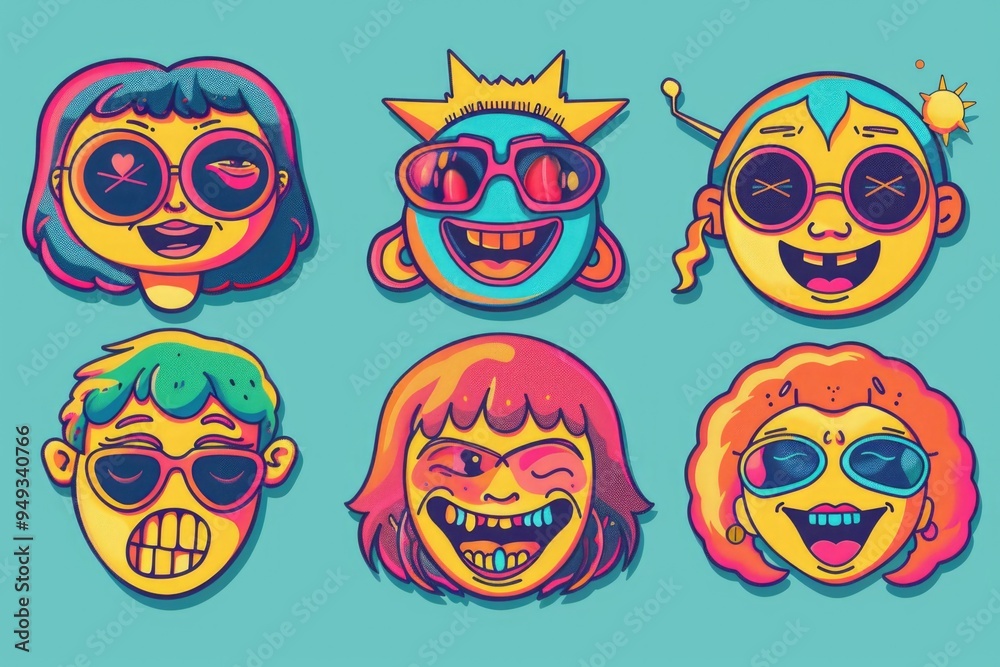 Poster A set of colorful cartoon characters displaying various facial expressions