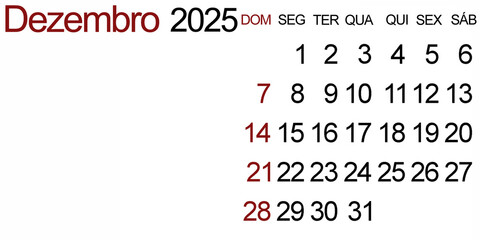 December 2025, calendar in portuguese with blank space to insert image or text. Christmas time and end of the year.