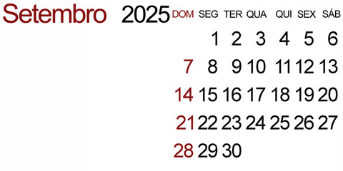 Obraz premium September 2025, simple calendar in Portuguese. Horizontal calendar with copy space for image or text.