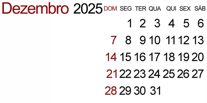 December 2025, calendar in portuguese with blank space to insert image or text. Christmas time and end of the year.