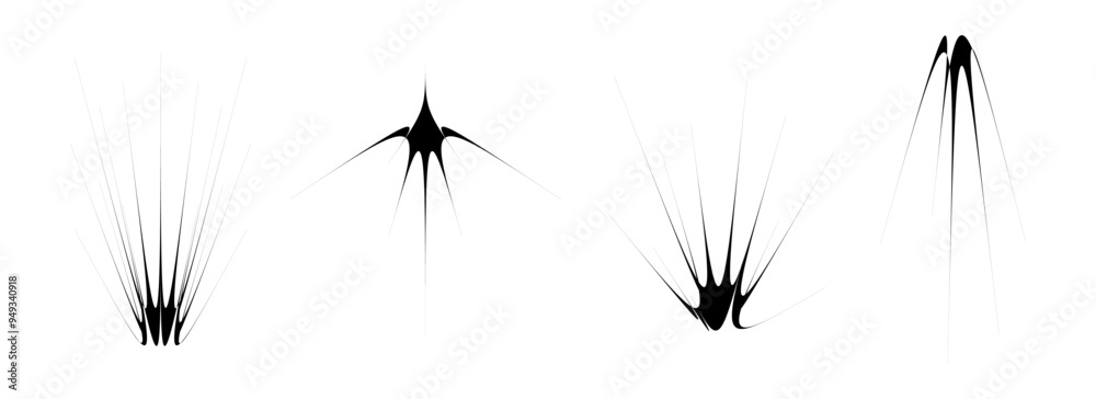 Aufkleber Black thin spiky element set. Abstract thorn semicircle shapes and angular twinkles bundle. Futuristic spokes objects for poster, collage, banner, logo, card, icon, label, sticker, badge. Vector