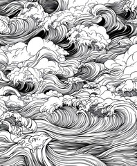 A detailed black and white illustration of swirling ocean waves and clouds.