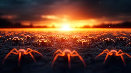 Fototapeta premium A stunning sunset illuminates a ground covered with silhouetted spiders, creating an eerie yet captivating scene.