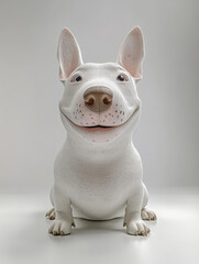 Obraz premium A cute, fluffy white Bull Terrier with joyful expression sits against neutral background, radiating happiness and charm.
