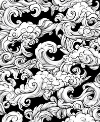A decorative pattern featuring swirling white clouds on a black background.
