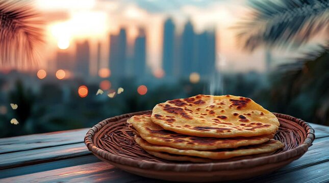 Traditional Arabian bread on a table with a beautiful evening landscape backdrop, creating a peaceful dining scene
 seamless looping 4k time-lapse virtual video animation background. generated ai