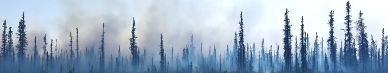 Ominous Wildfire Threat: Smoke-Shrouded Forest with Visible Fire Line. Atmospheric Landscape for Environmental Awareness Campaigns, Climate Change Visuals, and Dramatic Nature Illustrations. Ideal for