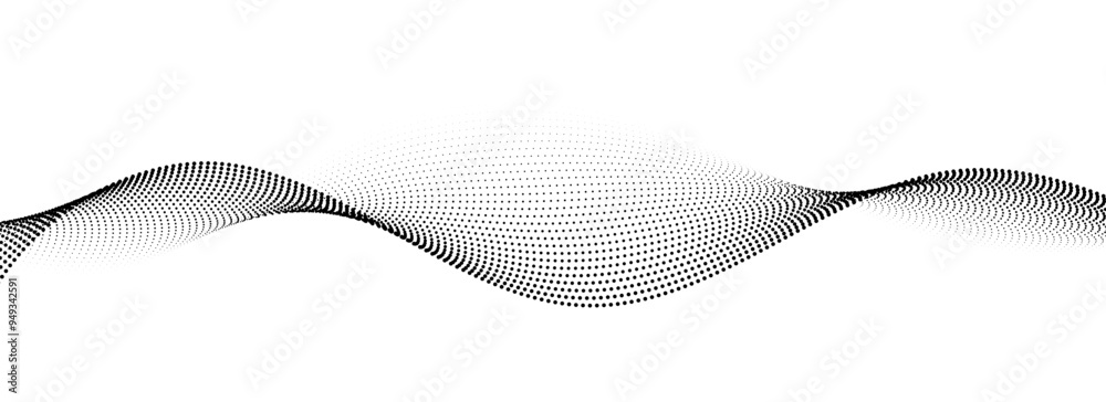 Poster Dotted wave line background. Black halftone undulate pattern. Abstract flowing particle wave wallpaper. Curved dashed gradient design element for poser, banner, presentation, booklet. Vector