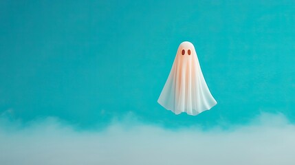 Cute and whimsical ghost figure floating over misty background, perfect for Halloween or playful design themes.