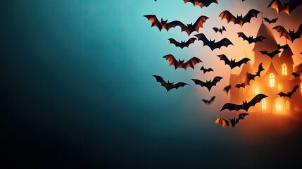 Fototapeta premium Eerie scene of bats flying against a mystical backdrop, with a haunted house glowing in the background, perfect for Halloween themes.