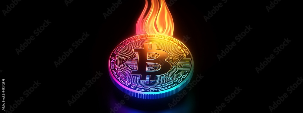 Aufkleber flaming bitcoin cryptocurrency coin on a black background