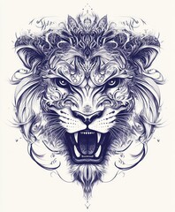 Obraz premium A detailed illustration of a lion's head, showcasing intricate designs and fierce expression.