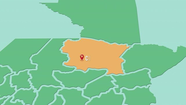 Mapa de Guatemala con divisi&oacute;n pol&iacute;tica resaltando el estado Alta Verapaz con la capital Cob&aacute;n. 