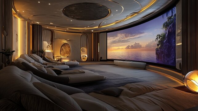 Luxurious Whimsical 3D Home Theater with Curved Ultra HD Screen and Immersive Sound