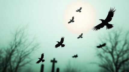 Fototapeta premium Silhouetted birds flying over a misty graveyard, creating a haunting atmosphere with a glowing moon in the background.