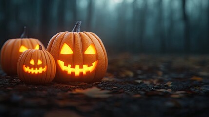 Obraz premium Spooky carved pumpkins glow in a misty forest, creating a Halloween atmosphere. Perfect for autumn-themed designs.
