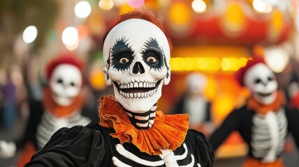 Fototapeta premium Haunted circus parade with skeleton clowns, eerie floats, and fog machines creating a spooky atmosphere, Halloween circus, spooky circus parade