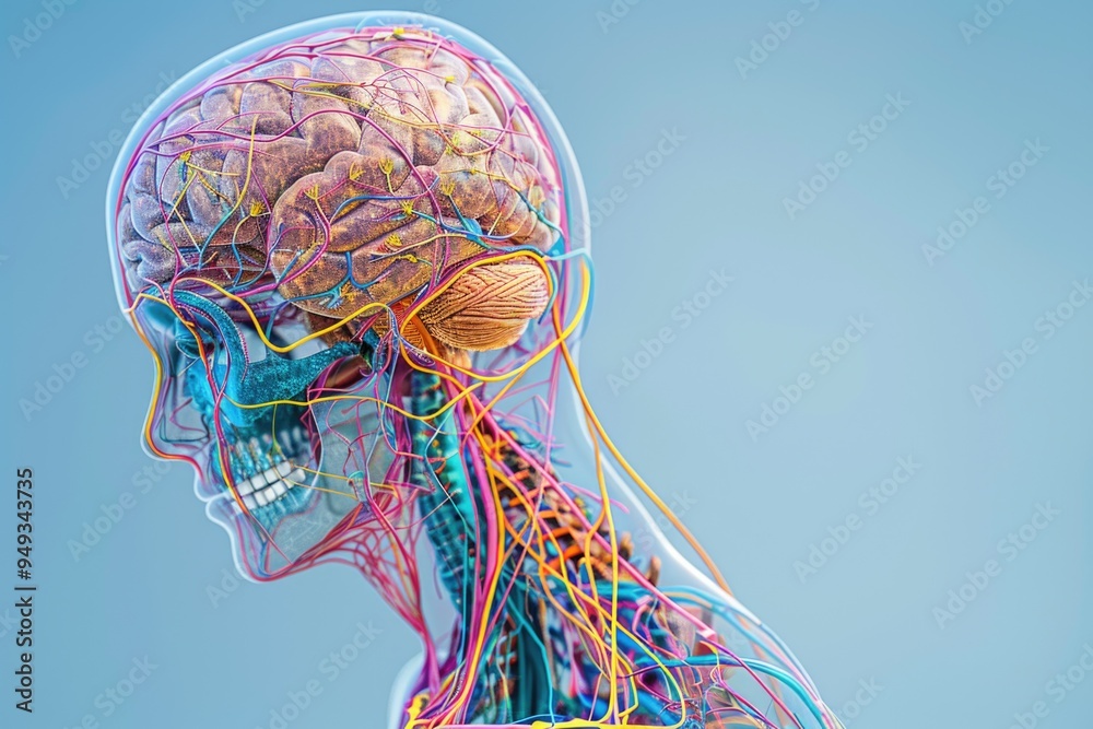 Poster A close-up of a human head with colorful wires inserted into the skull, a unique and creative concept