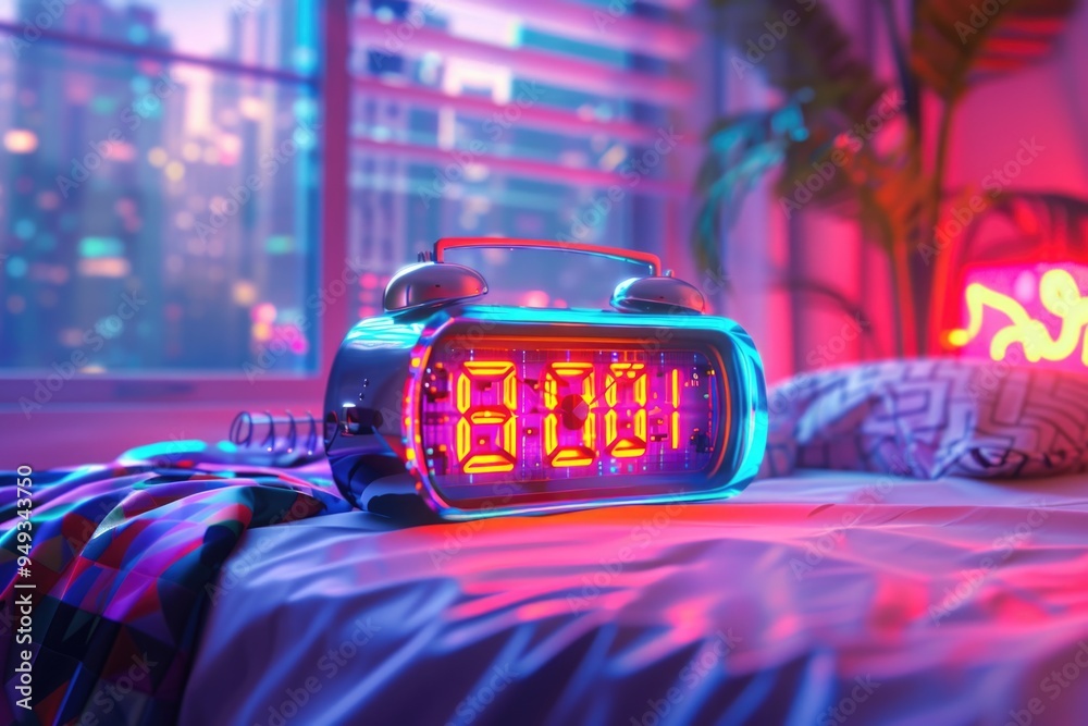 Poster an alarm clock sits on top of a bed, ready to wake you up