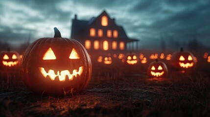 Spooky Halloween scene with glowing jack-o'-lanterns and a haunted house set against a moody sky.