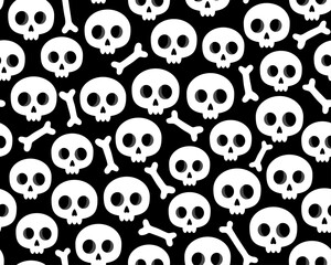 Halloween seamless pattern. Small cute white skulls and bones on a black background. Lots of skulls and bones. Design for wrapping paper, textile. Spooky, horror pattern.