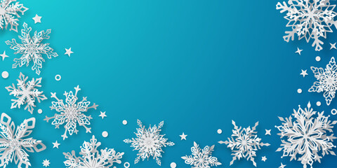 Christmas illustration with beautiful white complex snowflakes with soft shadows on light blue background