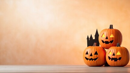 Three carved Halloween pumpkins with spooky faces, set against a warm orange background, perfect for autumn decoration.