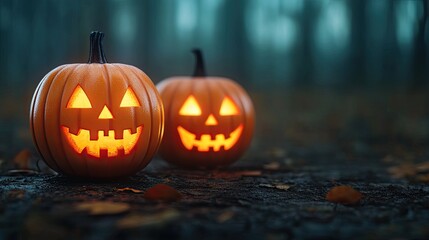 Obraz premium Two glowing Halloween pumpkins with carved faces, set against a misty forest backdrop, creating a spooky festive atmosphere.