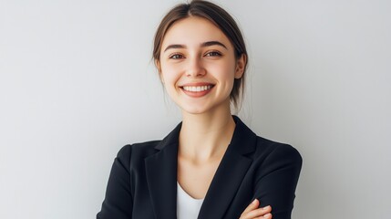 A businesswoman with a warm smile stands confidently with her arms crossed in a contemporary office setting