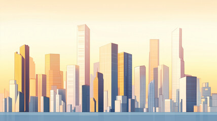 A vibrant city skyline at sunset, showcasing modern skyscrapers with warm glow. scene evokes sense of urban energy and architectural beauty.