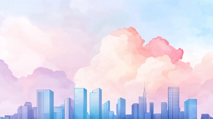 Fototapeta premium A serene city skyline under pastel sky filled with soft clouds, evoking sense of calm and tranquility.