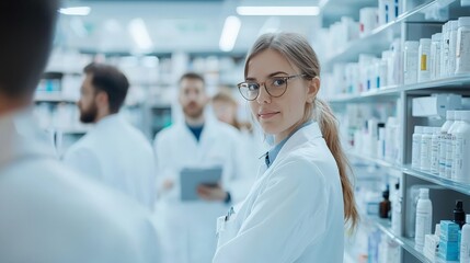 A group of pharmacists working together in a busy pharmacy, teamwork and precision