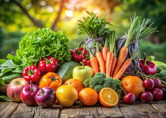 Vibrant arrangement of fresh seasonal fruits and vegetables, including apples, oranges, carrots, and leafy greens, on a rustic wooden table against a natural background.