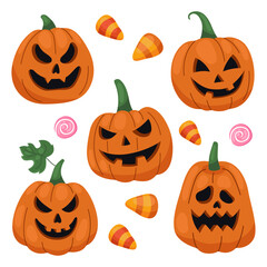 Vector set of different halloween pumpkins, leaves and corn candies. Jack-o-lanterns. Stickers, characters, different emotions. 