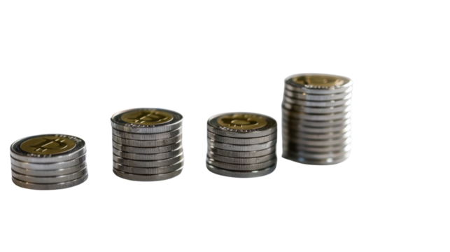 Stack of coins with graph chart growth up isolated on white background