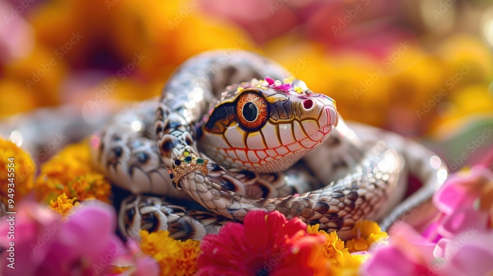 Poster a close-up view of a snake resting on a bed of colorful flowers