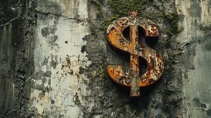 Rusty dollar sign on decayed wall symbolizing financial decline - Powered by Adobe