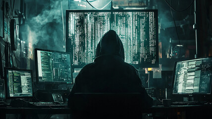 A man is sitting in front of a computer monitor with a hood over his head