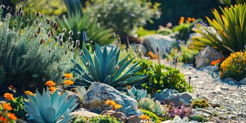 Beautiful xeriscape garden with diverse flowering plants and ornamental rocks