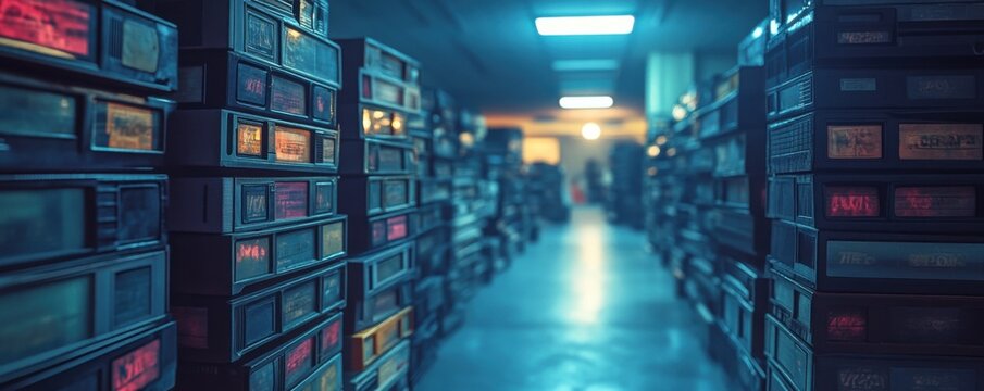 Retro VHS Tapes Stack with Handwritten Labels in Dim Illumination - 3D Rendered Illustration