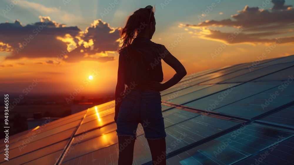 Poster a person standing on top of a solar panel with an open landscape in the background