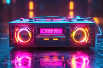 Retro 80s Boombox with Glowing Equalizer on Vibrant Background - 3D Illustration of Cassette Player