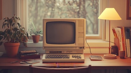 Nostalgic 90s Computer Setup with CRT Monitor, Floppy Disks, and Warm Desk Lamp - 3D Illustration