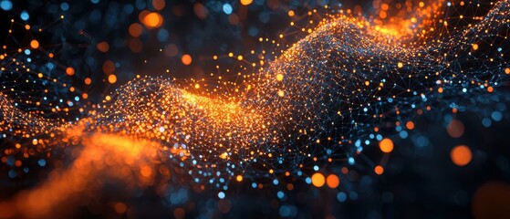 A stunning abstract wave of glowing particles, featuring vibrant orange and blue hues, creating a dynamic and mesmerizing effect