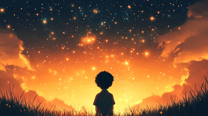 A young boy gazes at a starry sky filled with vibrant colors during a serene evening in a grassy field